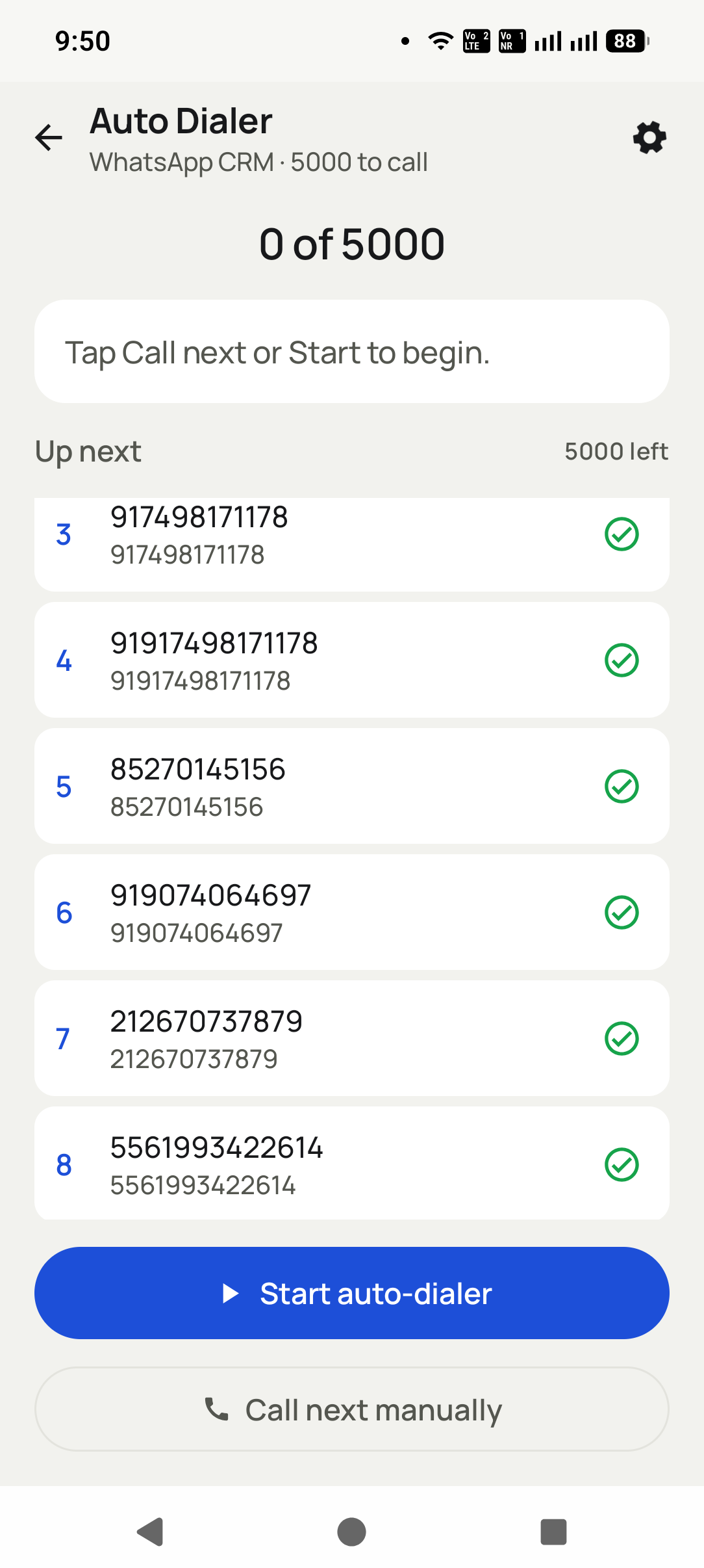 SensyConnect auto dialer calling through a lead list on an Android phone
