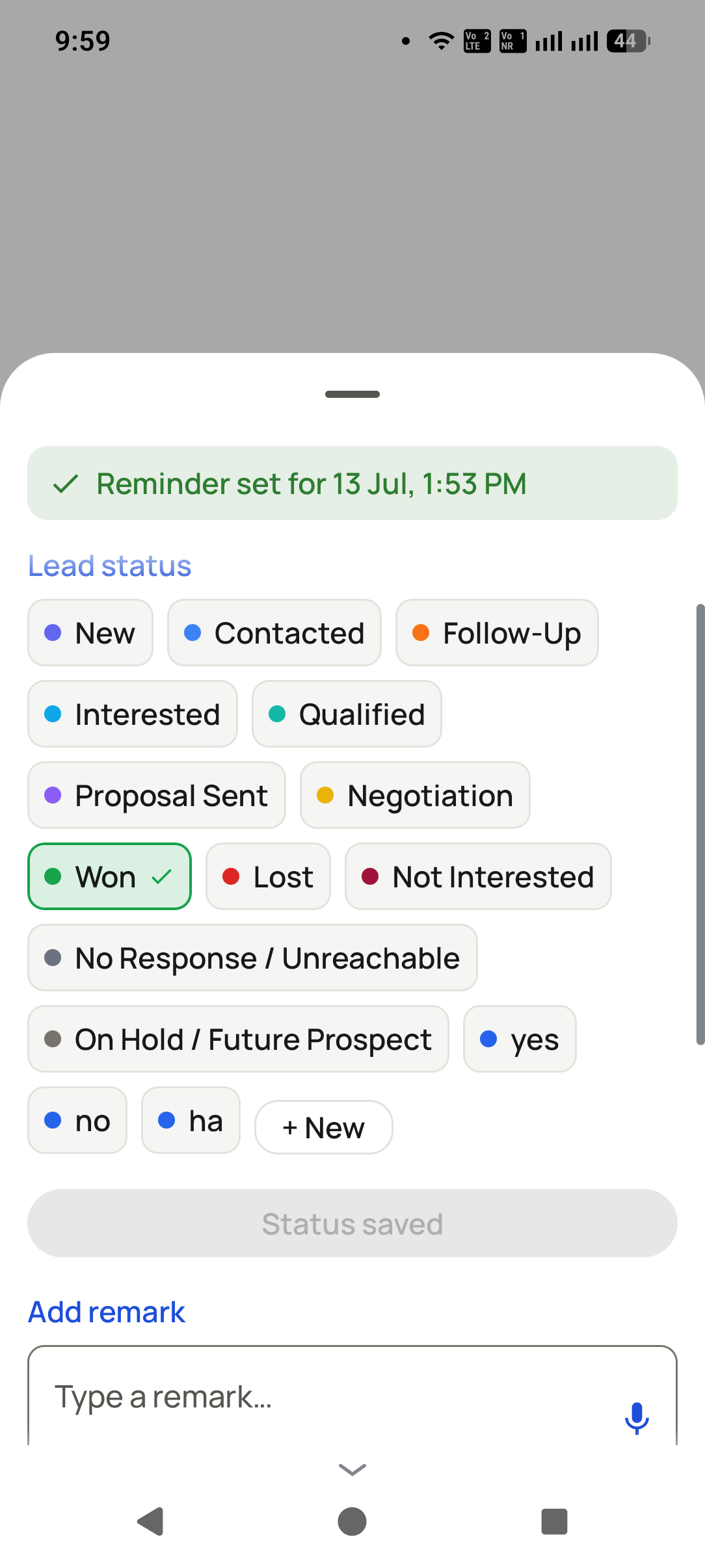 After-call sheet with status, remark and follow-up