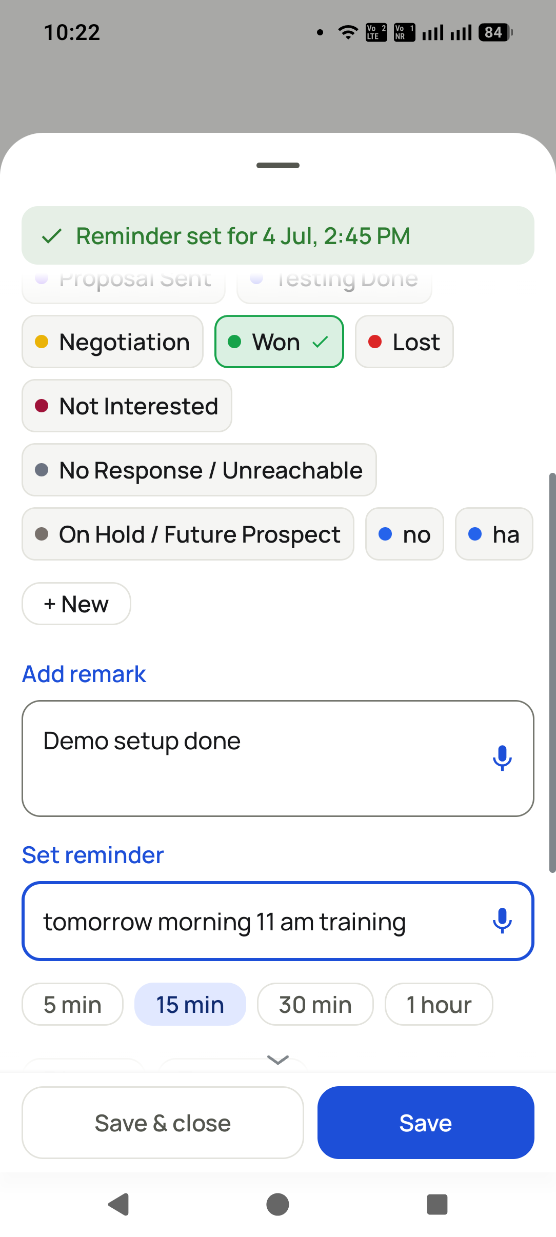 After-call sheet capturing status and remark