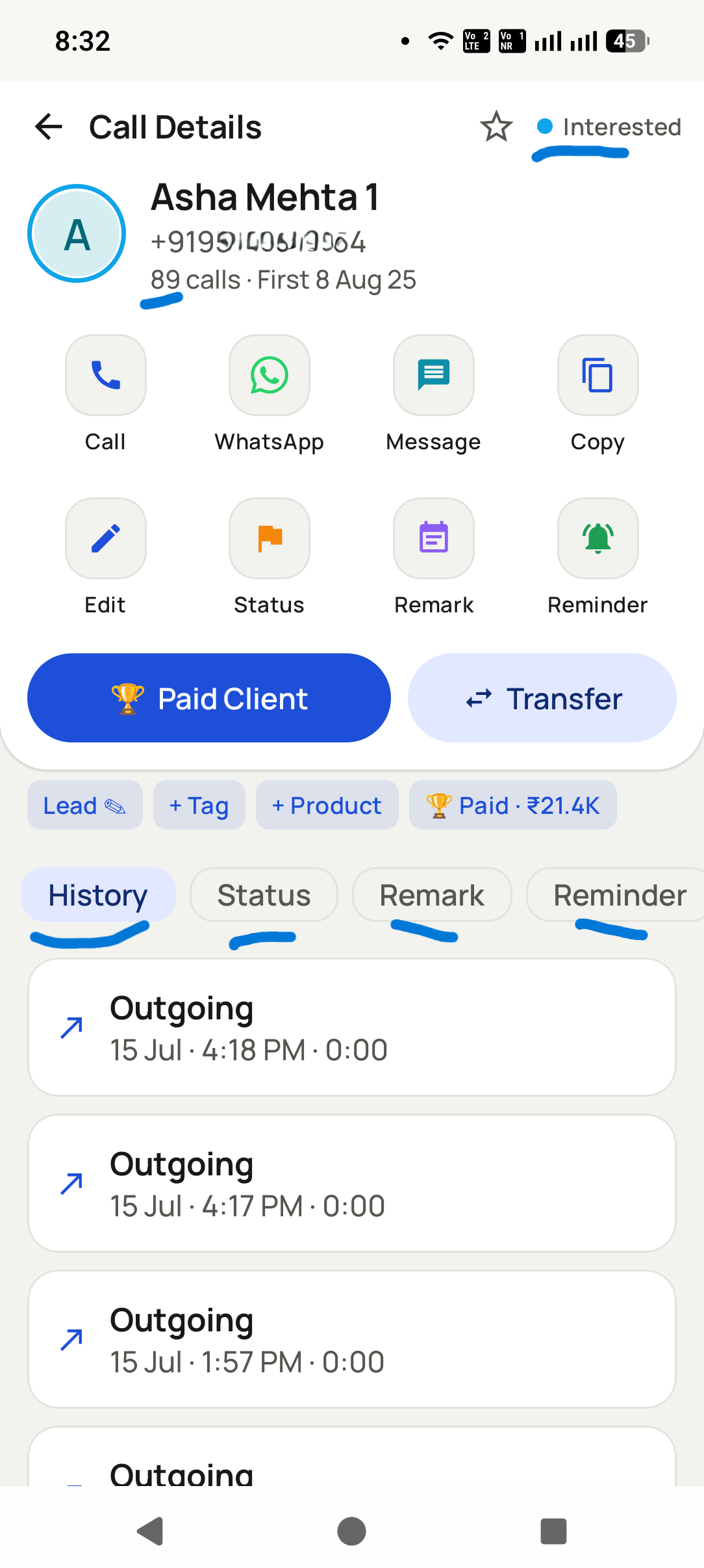 Contact 360 view with status, remarks and history