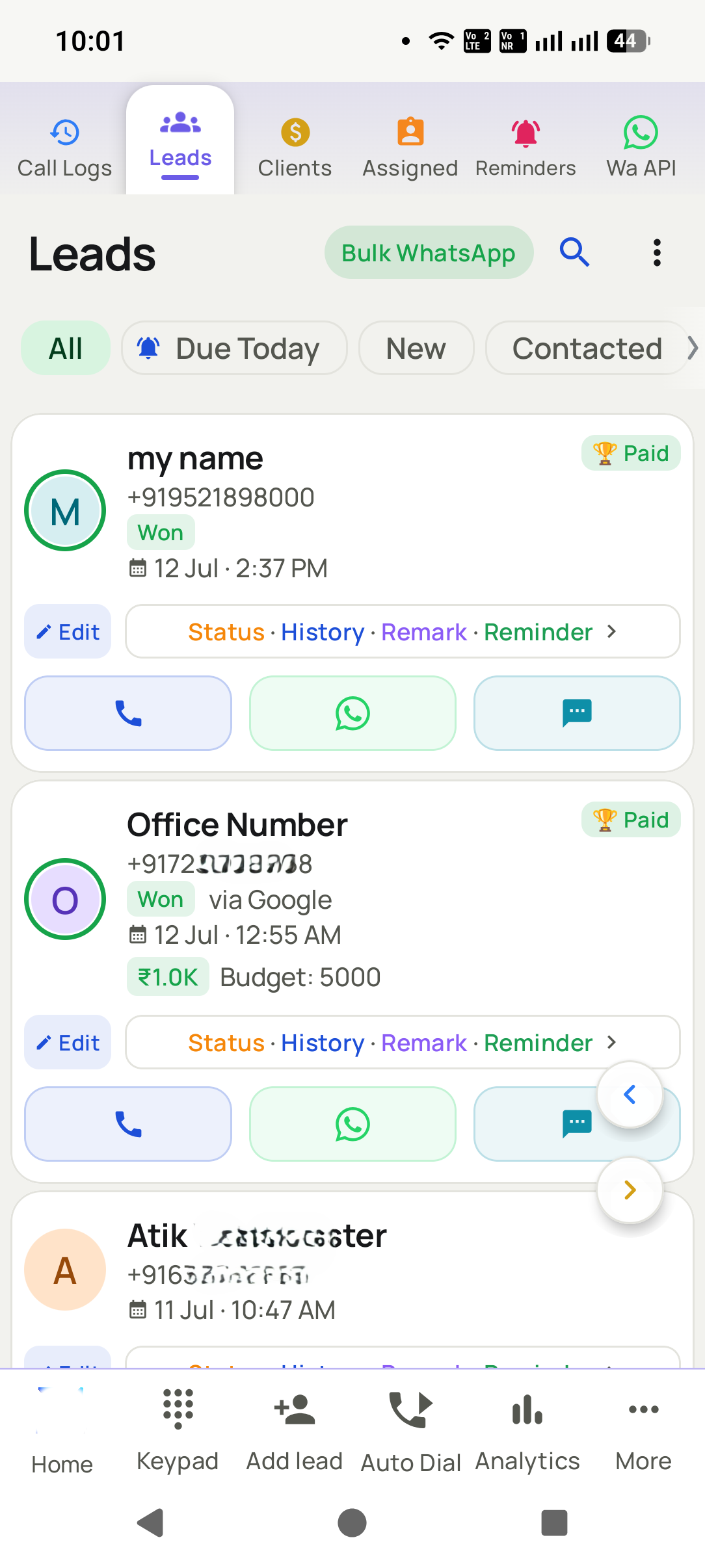 Leads list with statuses in the telecalling CRM
