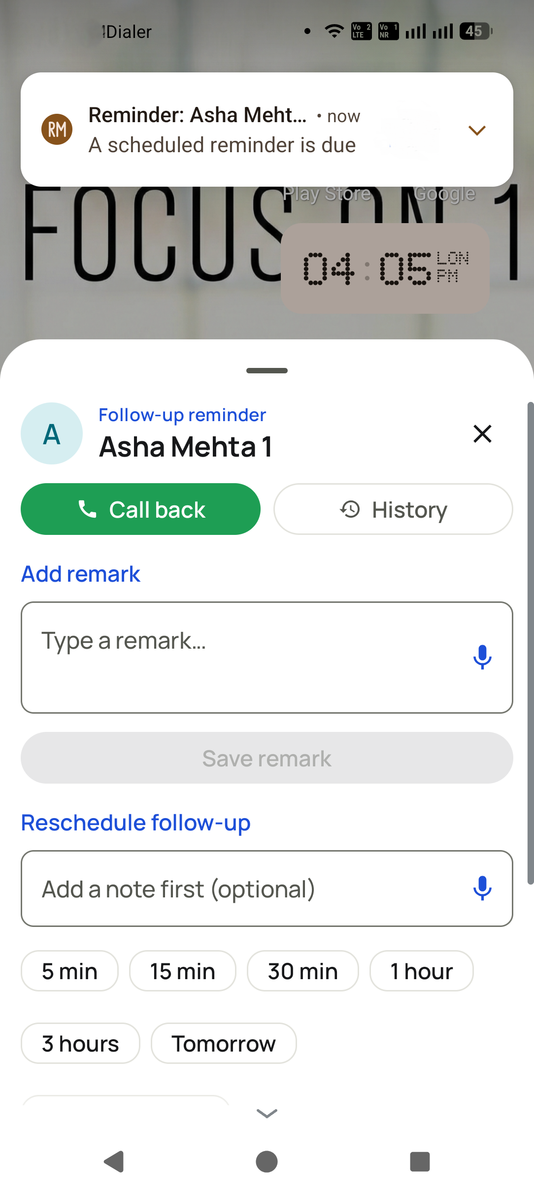 Full-screen ringing reminder