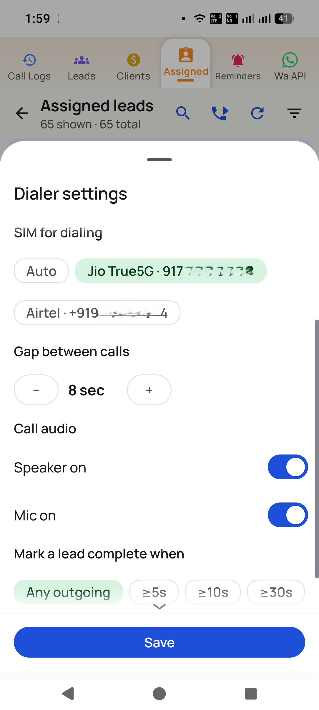 Assigned leads queue on the employee phone