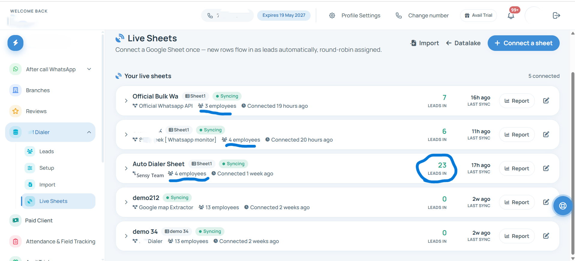 Live Sheets: Google Sheets connected as lead sources, new rows imported and round-robin assigned automatically