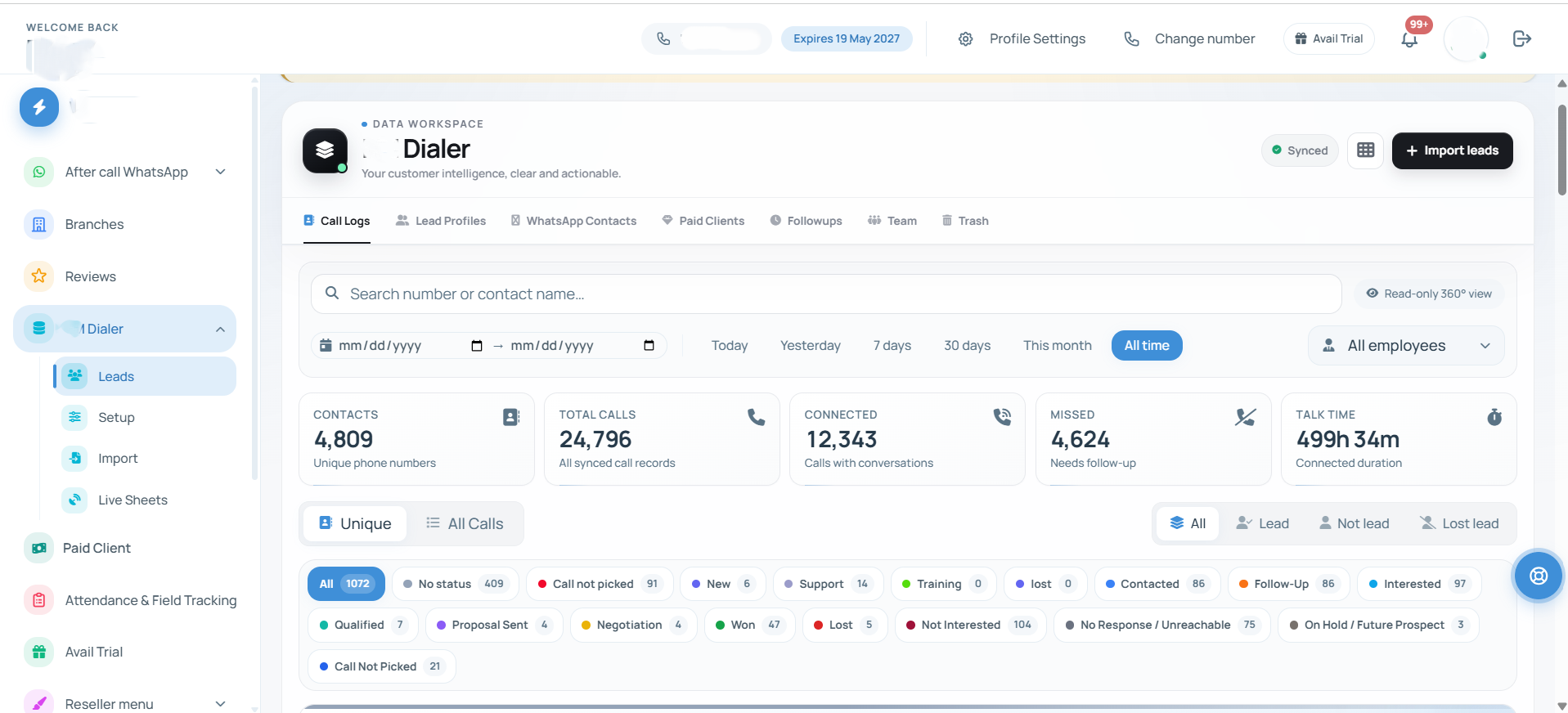 Owner web dashboard with team call logs and outcomes